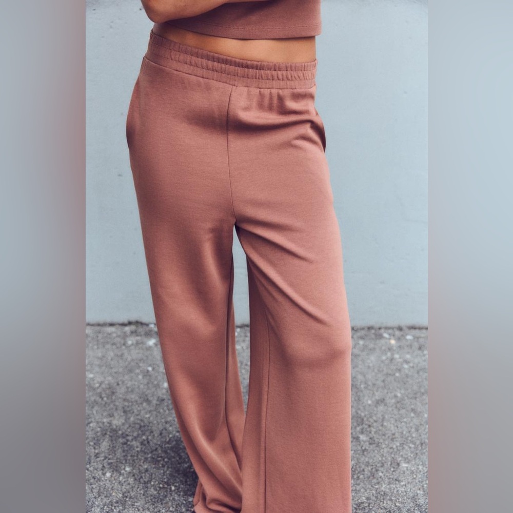 NWOT Zara Soft Mauve Brown Wide Leg Casual Cotton Jogger Trousers Sz L - Picture 3 of 10